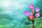 Beautiful live petunia bouquet bouquet in ceramic vase with empty on left on colored sky with clouds background