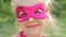 Beautiful Llittle Girl in the Superhero Costume, Close Up Portrait Child in the Mask of the Hero.