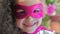 Beautiful Llittle Girl in the Superhero Costume, Close Up Portrait Child in the Mask of the Hero.