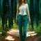 Beautiful lonely girl in white shirt blue jeans in forest oil painting