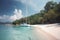 beautiful lonely tropical beach, much green plants, palms, blue sea, blue sky, white clouds, white sand, paper cut style