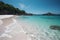 beautiful lonely tropical beach, much green plants, palms, blue sea, blue sky, white clouds, white sand, paper cut style