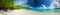 beautiful lonely tropical beach, much green plants, palms, blue sea, blue sky, white clouds, white sand, paper cut style