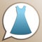 Beautiful long dress sign. Bright cerulean icon in white speech balloon at pale taupe background. Illustration