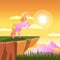 Beautiful Long Hair Horse Mare Prancing on Cliff Morning Sunrise Fantasy Illustration