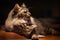 Beautiful long-haired Maine Coon cat laying on wooden table