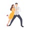 Beautiful long haired woman in yellow dress and elegantly dressed man dancing salsa. Pair of young dancers demonstrating