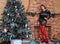 Beautiful long legged redhead girl in red stockings and heels  posing in Christmas decoration