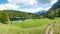 Beautiful lookout from the hill to lake Ferchensee and karwendel alps, spring landscape bavaria