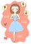 Beautiful, lovely, little cartoon ballerina, dreaming about sweets. Diet. Vector illustration