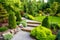 beautiful lush landscaped ornamental garden with pebble footpath