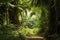 Beautiful lush palm forest vegetation. Footpath in dense tropical rainforest. Deep and dense green jungle. Generative A