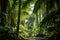 Beautiful lush palm forest vegetation. Footpath in dense tropical rainforest. Deep and dense green jungle. Generative AI