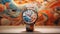 Beautiful luxurious watch with colorful art paint background