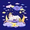 Beautiful lying unicorn with crescent, clouds, stars, rainbows isolated on the blue background. Vector illustration