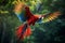 Beautiful macaw flying in tropical forest. Generative AI