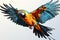 Beautiful macaw parrot flying in the blue sky. Macaw is a large, brightly-colored bird. Generative AI Generative AI