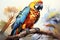 Beautiful macaw parrot sitting on a tree branch. Digital painting. AI Generated Generative AI