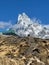 Beautiful Machapuchre Mountain with snowy peak in Nepal against the sunny blue sky