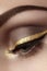 Beautiful macro shot of female eye with ceremonial makeup. Perfect shape of eyebrows, eyeliner and pretty gold line on eyelid