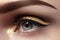 Beautiful macro shot of female eye with ceremonial makeup. Perfect shape of eyebrows, eyeliner and pretty gold line on eyelid