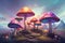 Beautiful Magic Iridescent Mushroom in the middle of landscape - Ai illustration