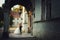 Beautiful magical young bride kissing handsome groom under castle arc