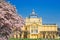 Beautiful magnolia blossom and art pavilion in spring in Zagreb, Croatia