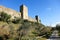 Beautiful majestic monteriggioni castle towers against bright blue winter sky, Tuscany, Italy