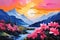 Beautiful majestic mountains. Scenery art painting with blooming trees