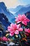 Beautiful majestic mountains. Scenery art painting with blooming trees