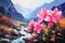 Beautiful majestic mountains. Scenery art painting with blooming trees