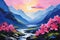 Beautiful majestic mountains. Scenery art painting with blooming trees