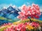 Beautiful majestic mountains. Scenery art painting with blooming trees