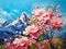 Beautiful majestic mountains. Scenery art painting with blooming trees