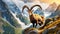 Beautiful Male Alpine Ibex with Large Horns in Mountain - Generative Ai