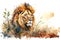 Beautiful male lion in the African savanna, watercolor illustration generated by AI