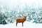 Beautiful male Noble Deer and Christmas tree in the snow in the winter forest. Winter natural background. Christmas image