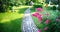 Beautiful manicured green mown lawn on household plot.