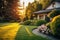 Beautiful manicured lawn and flowerbed with deciduous shrubs on private plot and track to house against backlit bright warm sunset