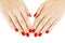 Beautiful manicured woman\'s hands with red nail polish