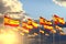 Beautiful many Spain flags on sunset placed in row with soft focus and place for your text - any holiday flag 3d illustration