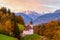 Beautiful Maria Gern church against the backdrop of the famous Watzmann Mountains in beautiful autumn colors near the charming