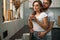Beautiful married couple spend morning together at home