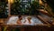 Beautiful mature couple relaxing in hot tub, drinking champagne, enjoying romantic wellness weekend in spa. Concept