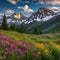 a beautiful meadow with wildflowers and a mountain in the background