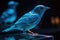Beautiful mechanical blue bird on dark background. Generative AI