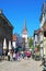 Beautiful medieval historic lower rhine village with church, old houses, blue summer sky