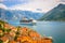 Beautiful mediterranean landscape. Cruise ship near town Perast, Kotor bay Boka Kotorska, Montenegro