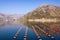 Beautiful Mediterranean landscape. Longline culture mussel farm. Montenegro, Adriatic Sea, Bay of Kotor